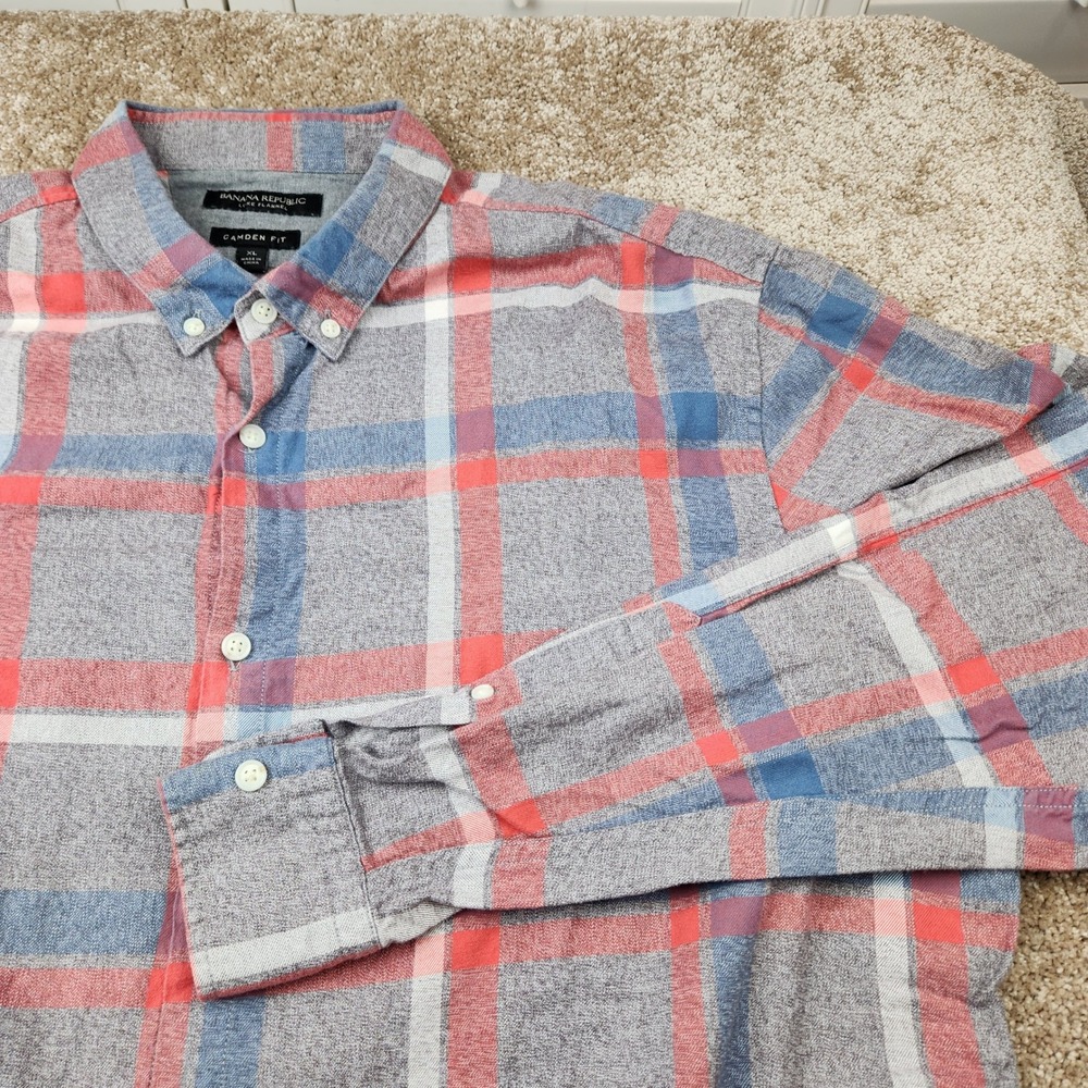 Banana Republic Camden Fit Luxe Flannel Shirt Mens XL Grey Red Blue Plaid Cotton